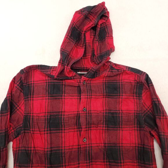 Edgar + Ash Casual Button Up Long Hoodie Mens Size Small S Red Black Plaid - Picture 1 of 10
